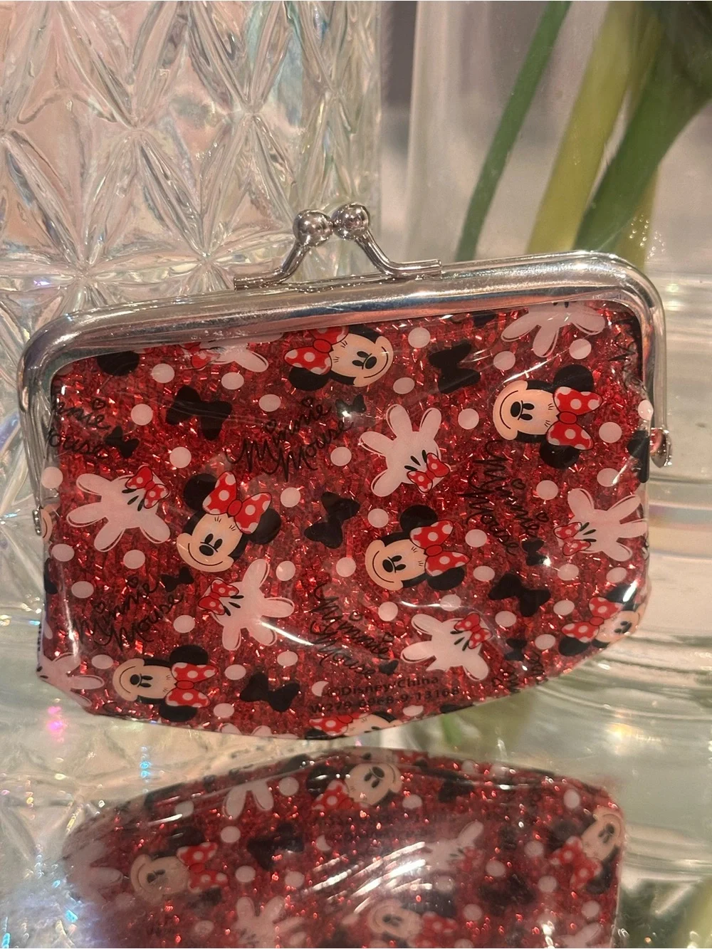 Disney Minnie Mouse Red Glitter Kiss-Lock Coin Purse Y2K Sparkle Wallet Vintage